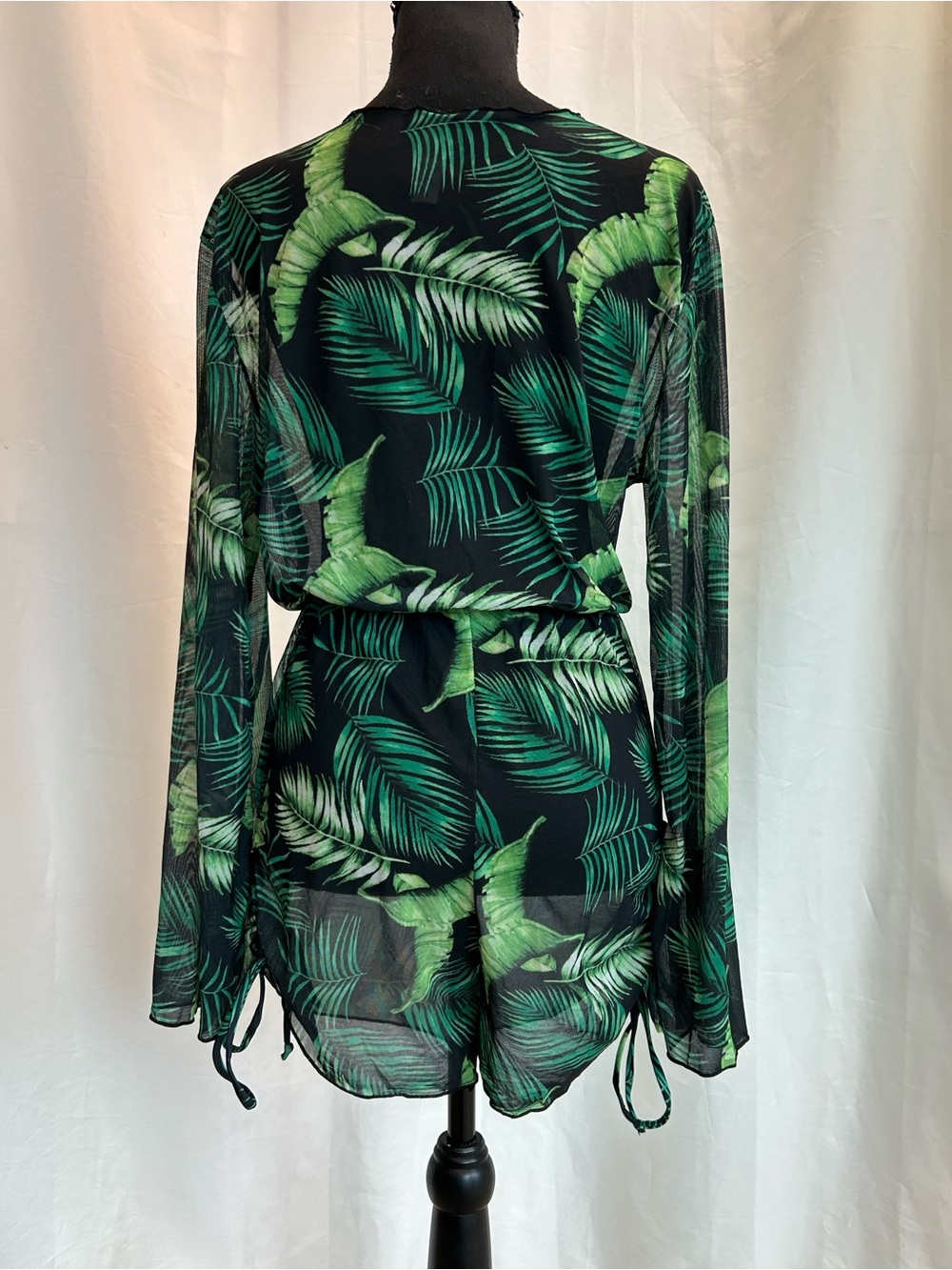 Tropical Palm Leaf Sheer deep plunge Romper Cover-Up Long Sleeve Black Green M - Picture 8 of 16